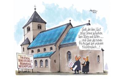Quelle: Gerhard Mester 2023 Karikatur zur Photovoltaik auf der Stadtkirche
